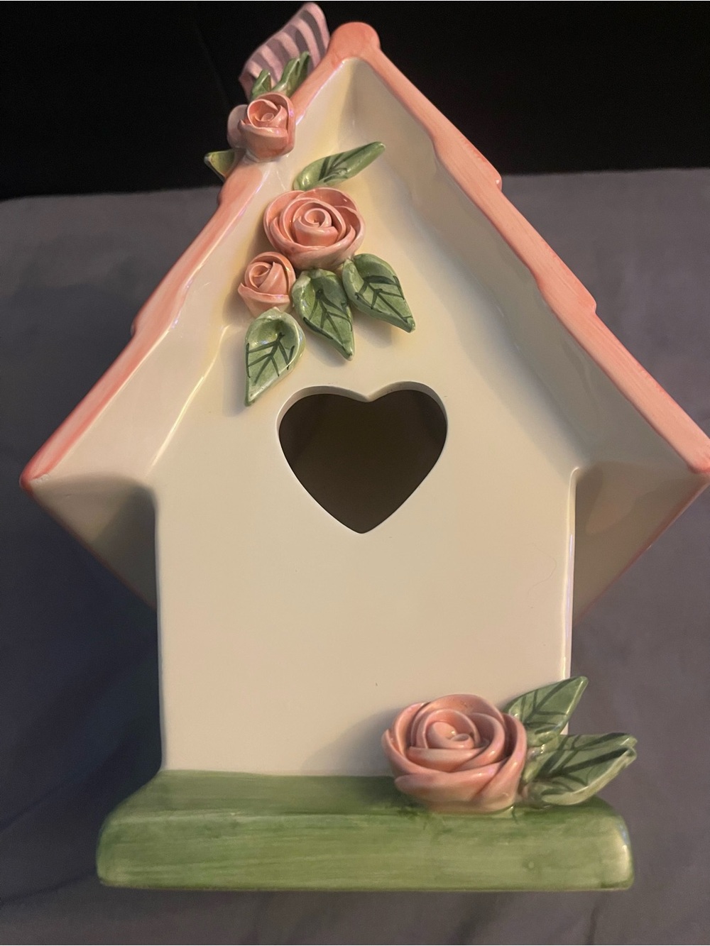 Mud Pie Pink and Cream Ceramic Birdhouse with Rose Accents